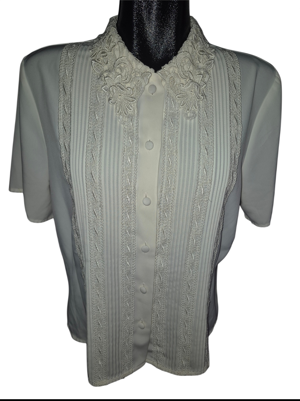 Vintage Classic Cream Lace-Trim Women's Button-Up Short Sleeve Blouse
